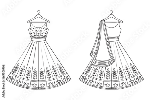 Traditional Lehenga Dress Vector Illustration with Embroidery