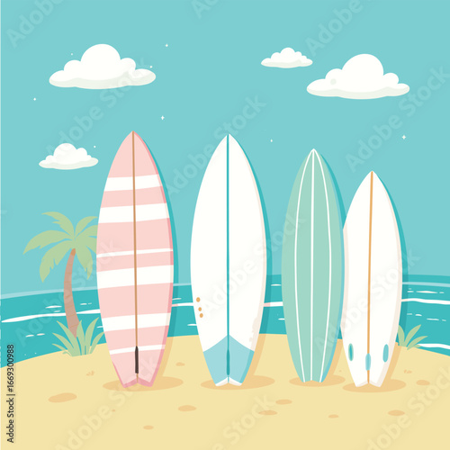 Cute Flat Style Surfboard Collection on Beach Scenery Summer Illustration
