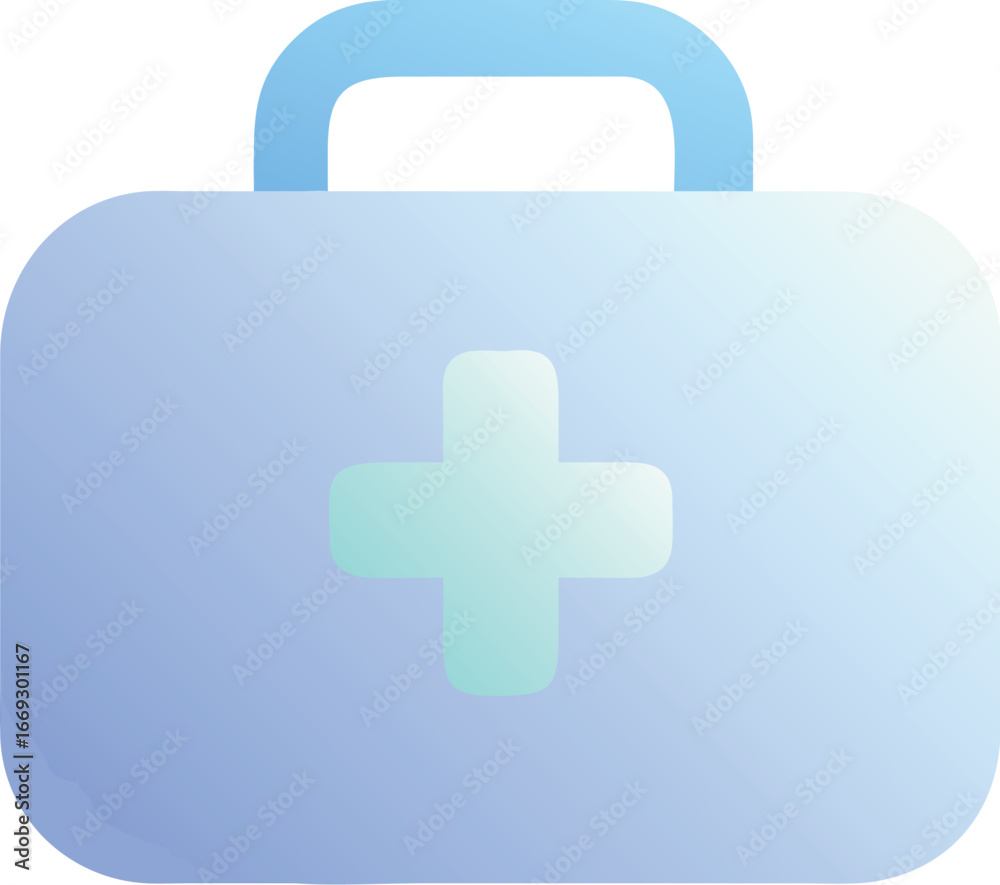 Obraz premium Vector art of a modern, minimalist illustration of a blue and purple gradient first aid kit with a glowing green cross on a, symbolizing medical care and emergency assistance