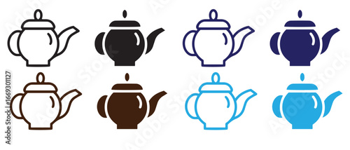 Collection of teapot icons in different colors isolated on white background.