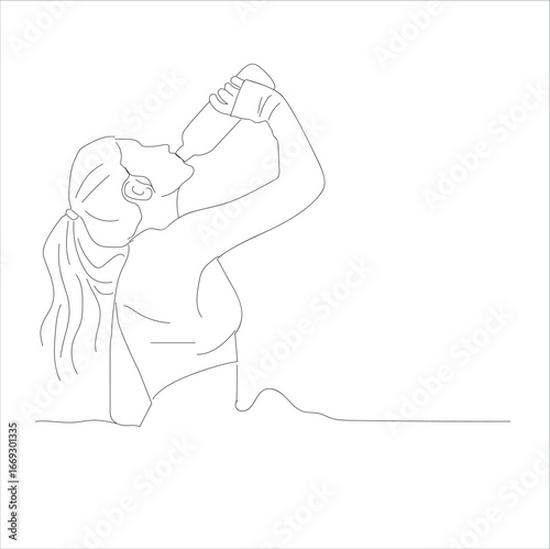 Hand drawn woman in one line style in sportswear drinks water. 