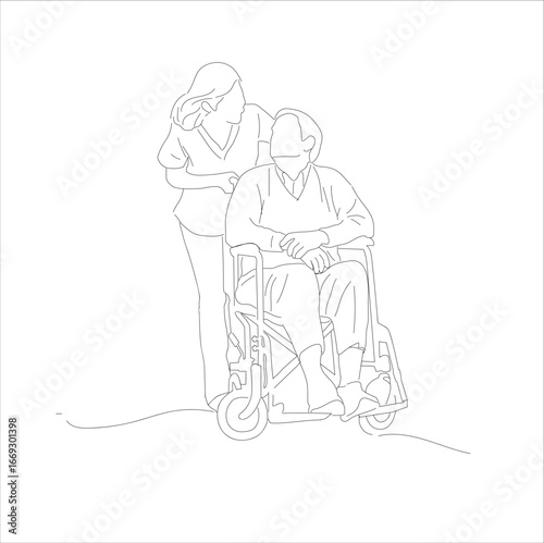 patient in a wheelchair and caregiver, nurse helps patient in wheelchair. line art