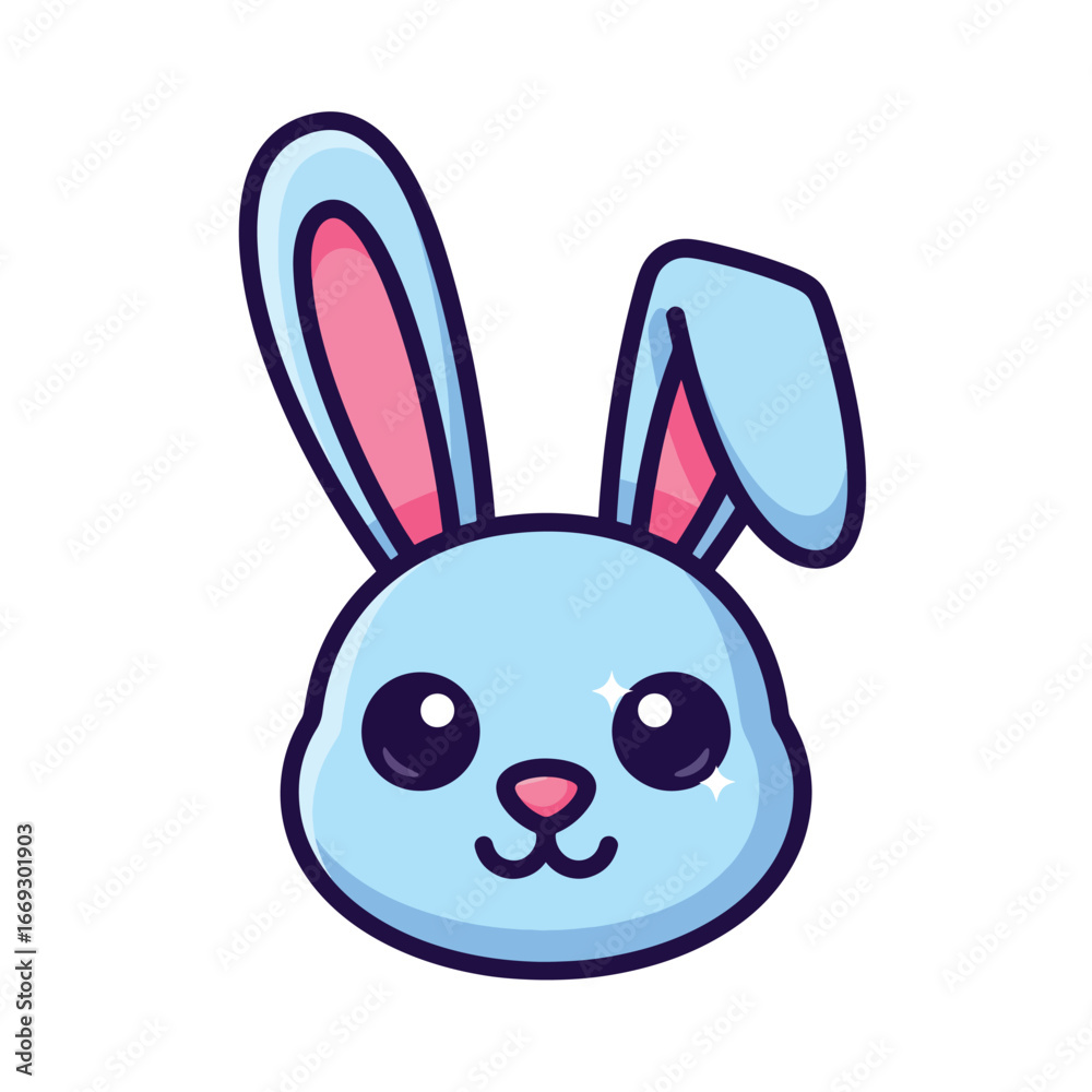 Obraz premium A cute cartoon illustration of a light blue bunny rabbit's face with large, sparkling eyes and long ears.