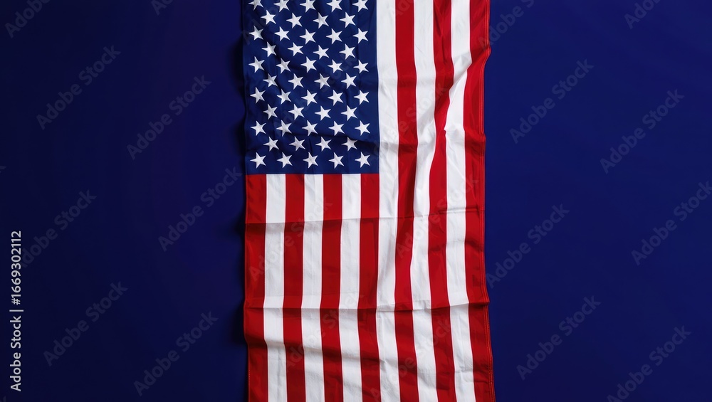 Fototapeta premium American flag draped vertically on a dark blue background