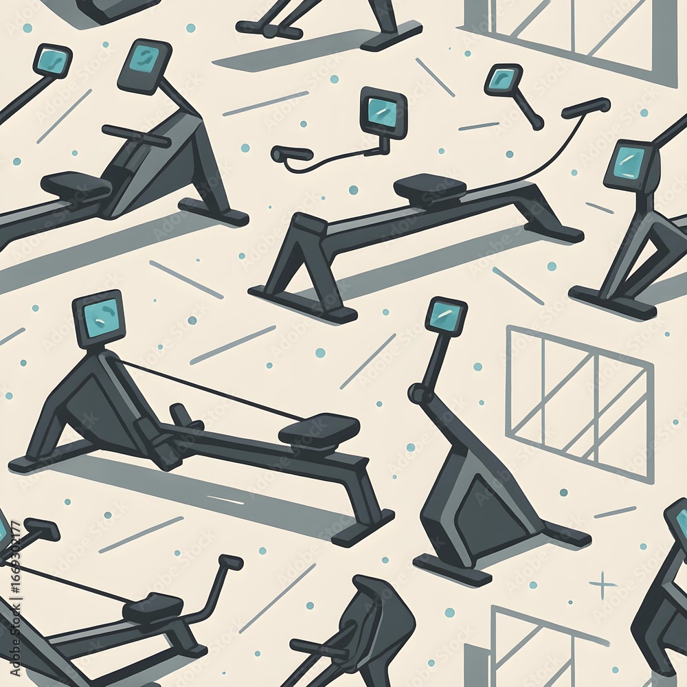 Rowing machine seamless pattern in gym interior with monitors and seats on cream background Rowing machine seamless pattern in gym interior with monitors and seats on cream background