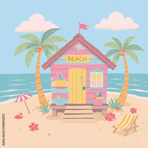 Flat Style Colorful Beach Hut with Palm Trees Summer Illustration