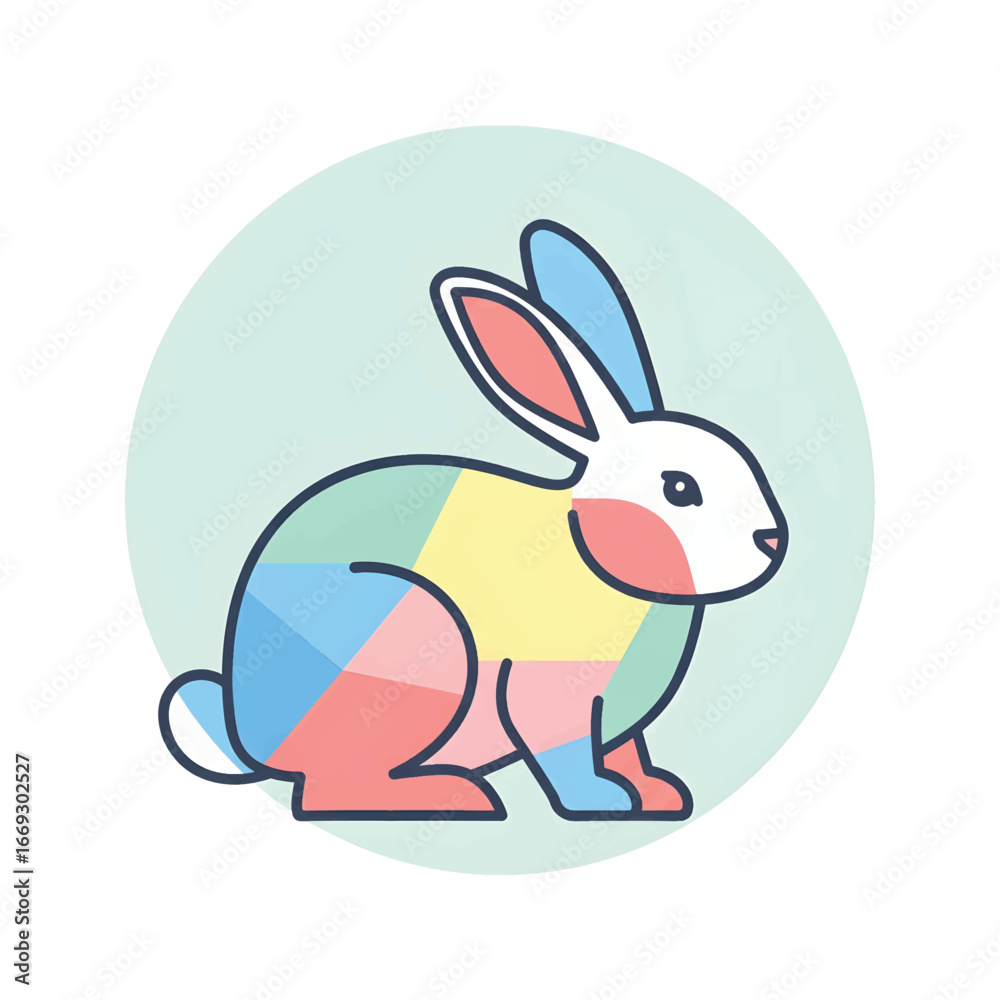 Obraz premium Colorful geometric illustration of a cute rabbit with a light green background circle.