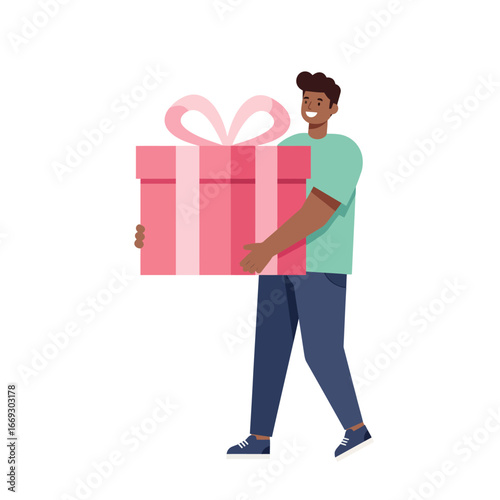 Happy person carrying a big pink gift with a bow for celebration and surprise, vector illustration