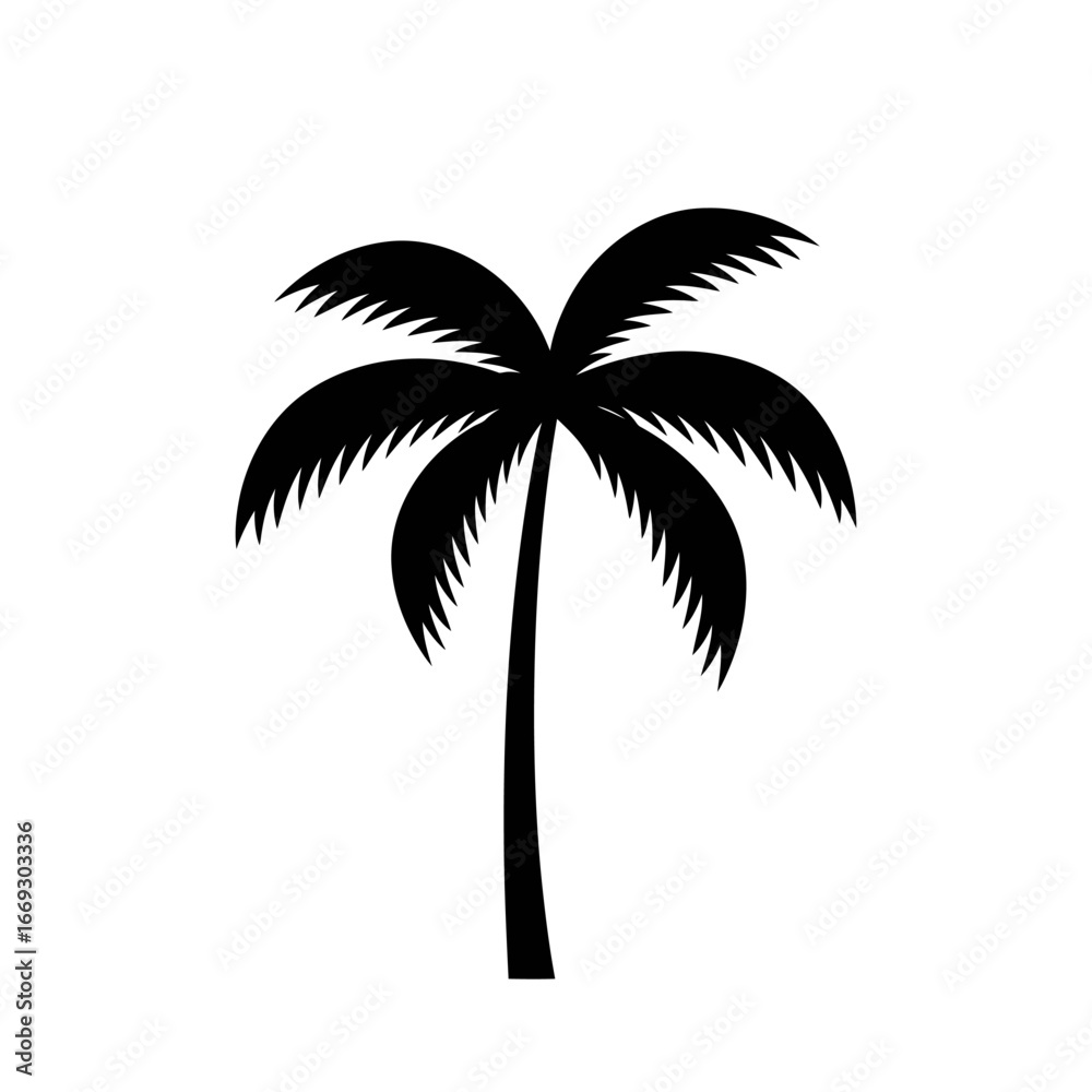 Obraz premium Vector graphic of a black palm tree silhouette. This isolated tropical plant icon is a classic symbol for summer, beach, and vacation travel