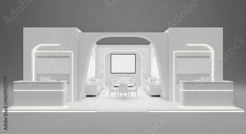 Modern White Exhibition Stand with Reception Desks and Lounge Area