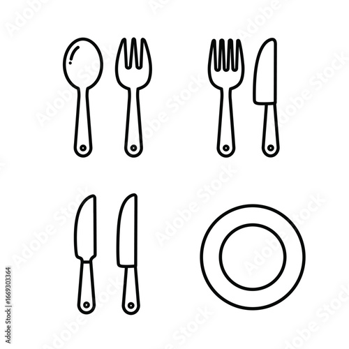 Black and White Utensils Set Spoon, Fork, Knife, Plate Icons for Dining and Culinary Themes