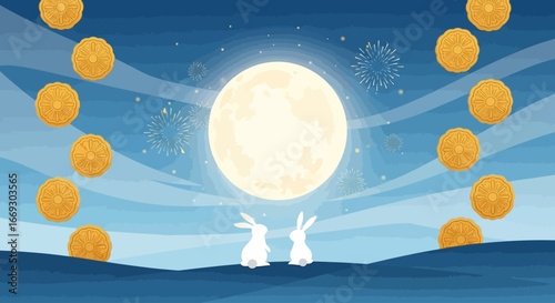 Two white rabbits gazing at full moon in the night sky during MidAutumn Festival, celebrating Chinese tradition with festive mood.