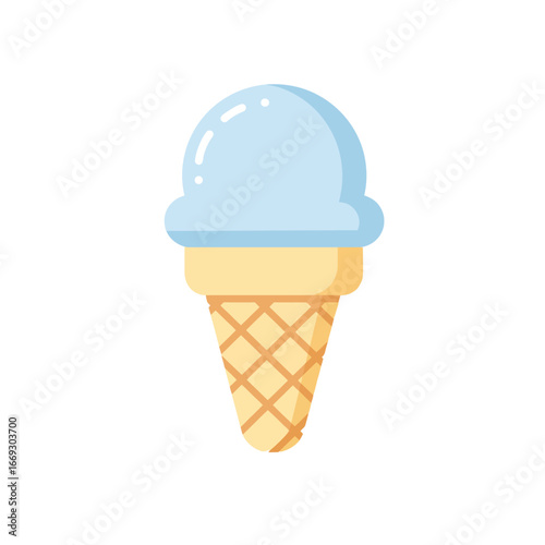A simple flat design icon of a light blue ice cream scoop in a crispy waffle cone, isolated on a white background