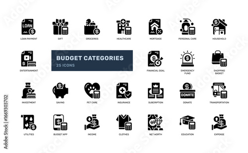 Budget categories icon set glyph style for saving and income