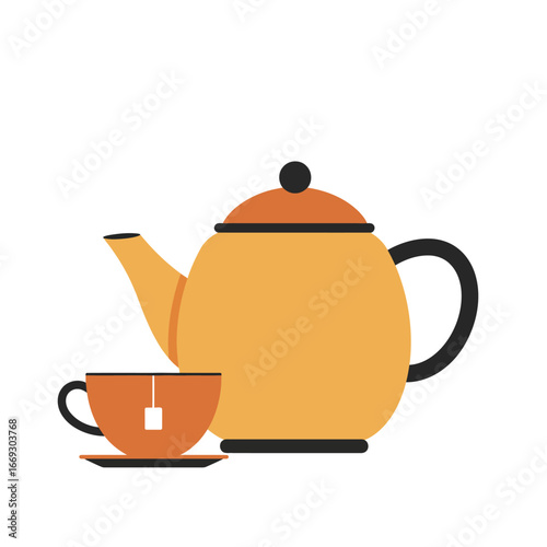 Vector graphic illustration of a classic tea set, featuring an orange teapot and a cup with a tea bag, isolated on a white background