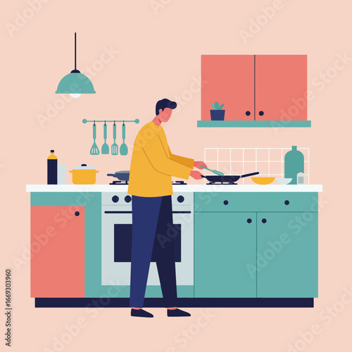 A colorful flat vector illustration of a man cooking breakfast in a modern kitchen. Domestic scene showing a daily routine and culinary lifestyle concept