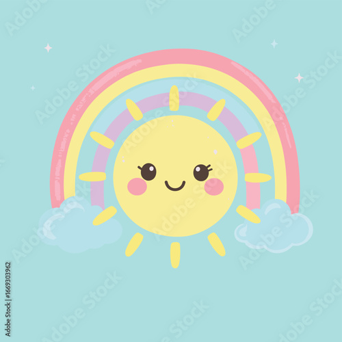 Cute Pastel Rainbow and Sun with Cloud Kawaii Style Illustration