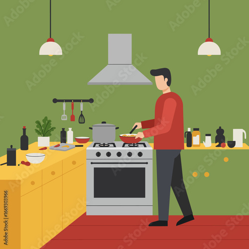 A man preparing a delicious meal in a modern kitchen, showcasing a domestic culinary lifestyle and hobby. Flat vector illustration