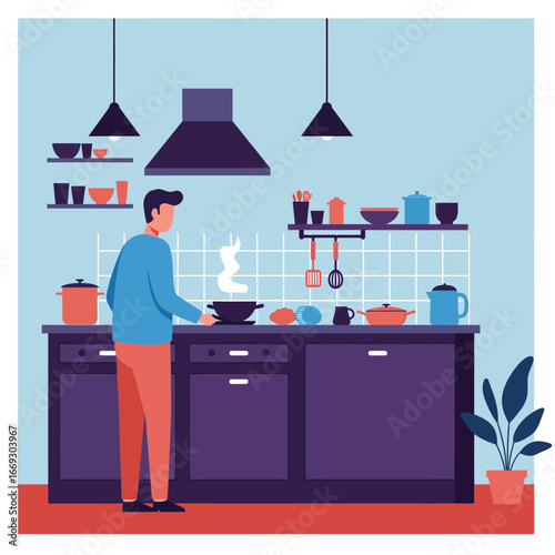A man preparing a hot meal on the stove in a contemporary kitchen interior. A flat vector illustration representing a domestic lifestyle and culinary hobby