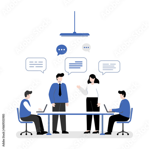 Illustration of a business team discussion, showcasing effective communication and collaborative problem-solving in a corporate setting