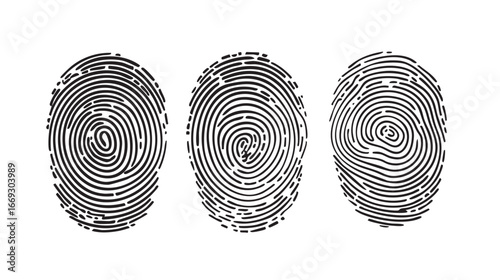 Fingerprint biometric illustration. Black unique identity patterns. Security finger scan set for forensic and personal verification.