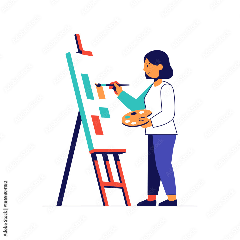 Fototapeta premium Creative female artist painting abstract colorful blocks on a canvas with an easel, holding a palette. Flat vector illustration of a hobby
