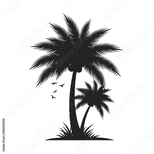Vector silhouette illustration of a tropical island scene with two coconut palm trees and flying birds, isolated on a white background design element