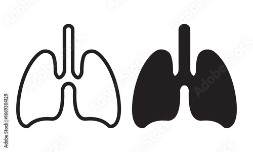 Lung Icon Set. Outline and Solid Silhouettes with Trachea Detail.