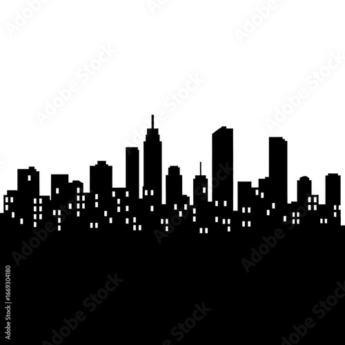 Vector illustration of a black city skyline silhouette with lit windows, representing an urban downtown metropolis at night