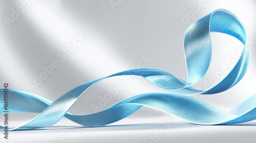 Smooth flowing metallic ribbon in light blue on a white glowing background