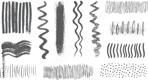 Abstract grunge brush lines. Hand drawn ink stroke textures. Artistic sketch collection for creative design projects.