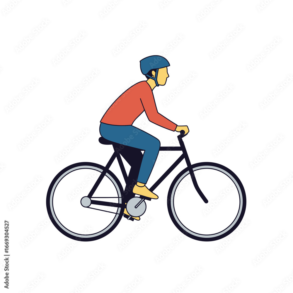 Fototapeta premium A simple vector illustration of a person riding a bicycle. Side profile of a cyclist with a helmet for commuting or exercise, depicted in a minimalist flat style