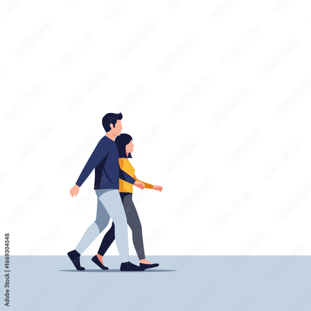 Obraz premium Modern vector illustration depicting a young couple walking side by side, symbolizing a shared journey, partnership, and harmonious progress in life against a clean, minimalist background