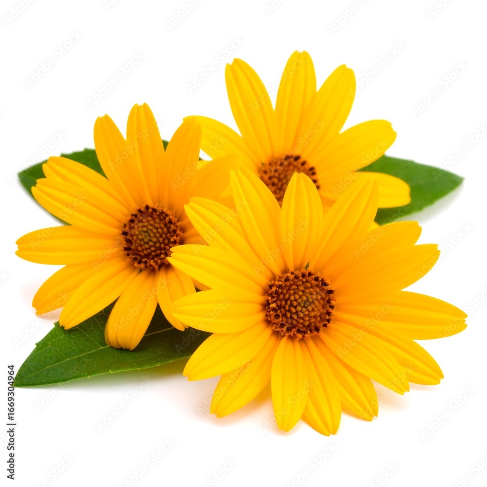 Fototapeta premium Yellow flowers, closeup, white background