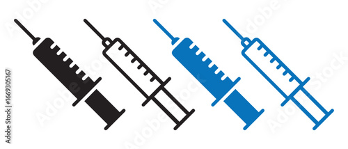 Syringe Icon Set. Black, Blue & Outline Variants for Medical Design.