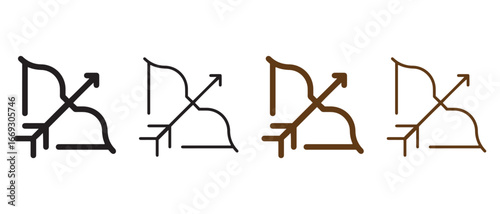 Bow and Arrow Icons. Black and Brown Line Variants in Minimalist Style.