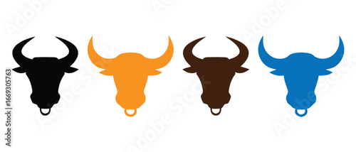 Bild auf Leinwand Bull Head Icon Set. Stylized Silhouettes with Nose Rings.