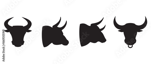 Bull Head Icon Set. Front & Side Silhouettes with Horn Variants.