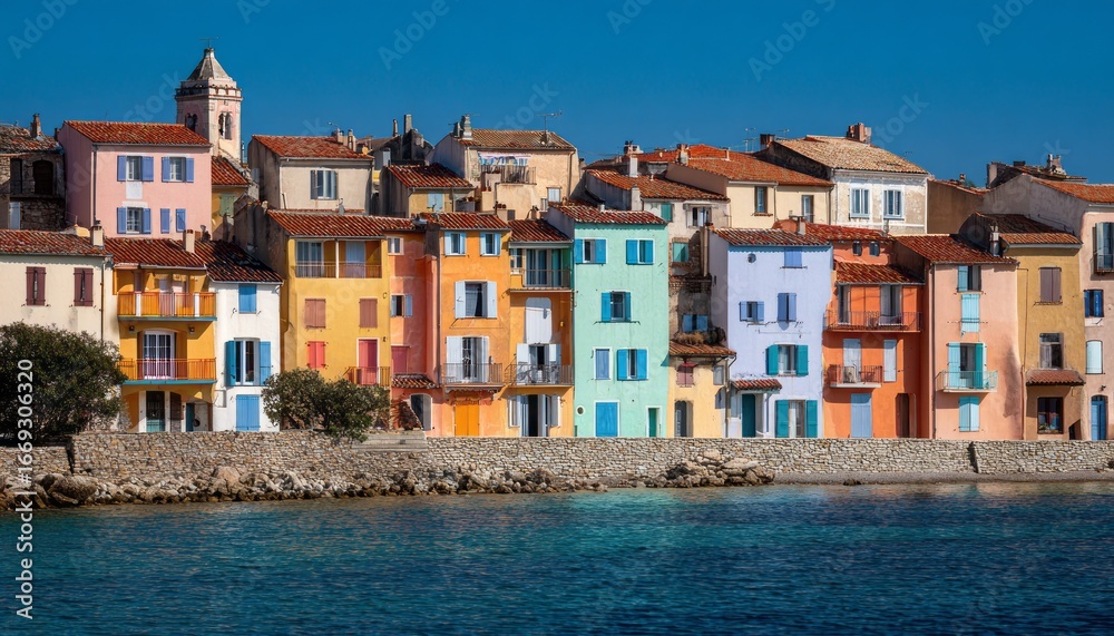 Obraz premium Vibrant waterfront buildings line a picturesque harbor, showcasing a spectrum of cheerful colors against a clear, sunny sky.