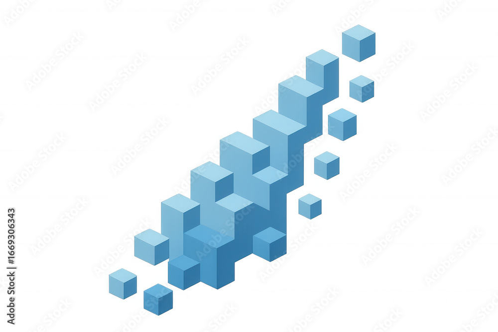 Fototapeta premium Blue cubes expanding, dissolving against transparent backdrop, representing technological progression, data visualization, scientific innovation