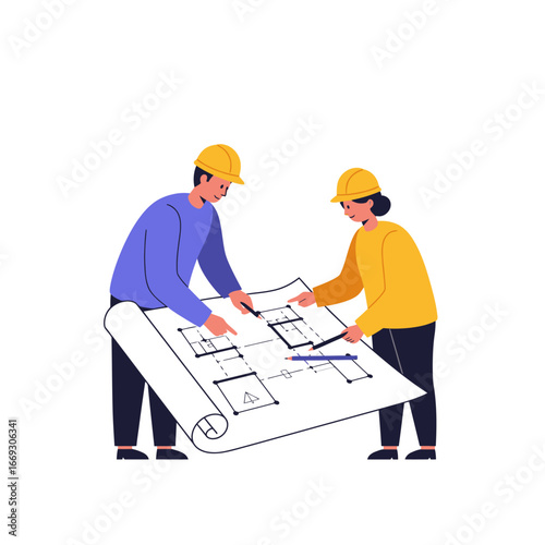Collaborating architects in safety helmets meticulously analyze a complex construction blueprint, ensuring precision in their professional building design.