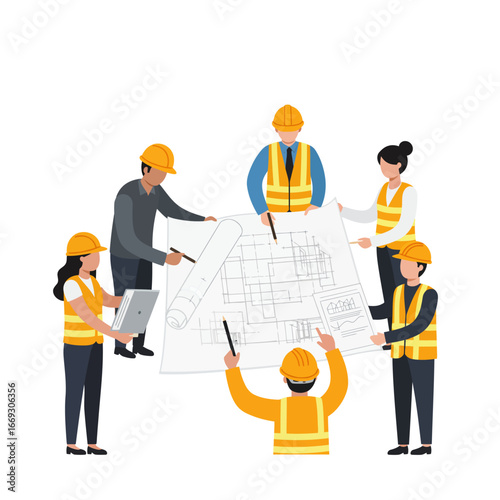 A diverse team of construction professionals, including architects and engineers, in safety vests and hard hats, collaboratively analyzes detailed blueprints.