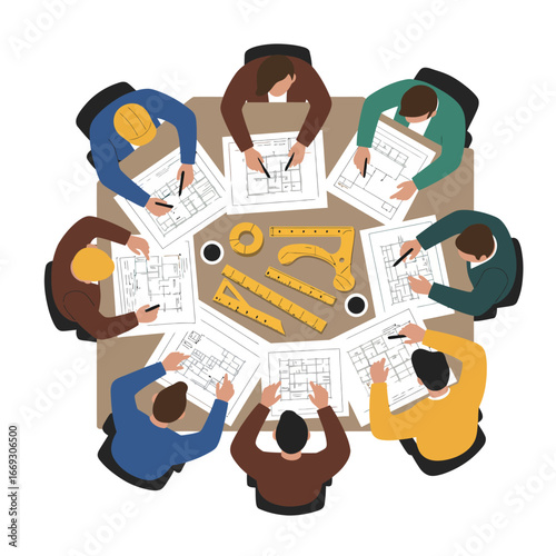 A diverse team of architects and engineers collaborates around a table, meticulously reviewing blueprints and drafting plans for a new project.