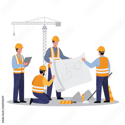 Four construction workers in hard hats and safety vests are collaboratively reviewing architectural blueprints on an active building site with a crane.