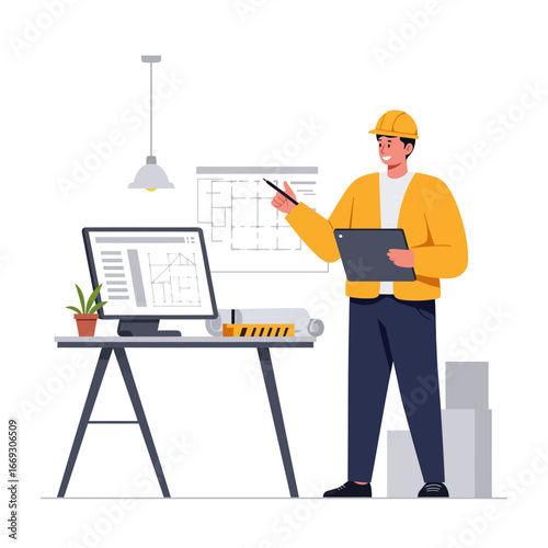 A diligent male architect in a hard hat reviews blueprints and digital plans, embodying modern construction project management and professional engineering.