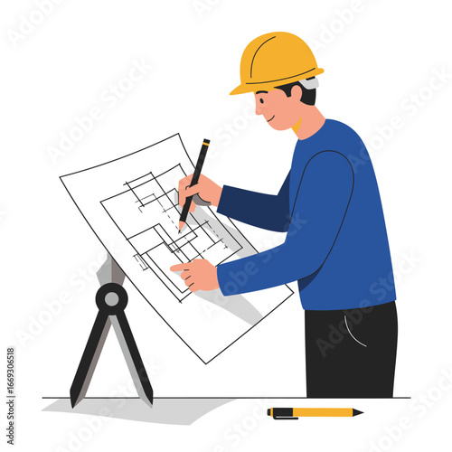 A male architect in a hard hat meticulously draws a detailed blueprint on a drafting table, illustrating the precision of architectural design and engineering work.