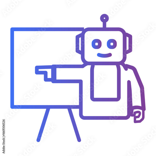 An AI robot giving a presentation and explaining a futuristic technological concept on a whiteboard