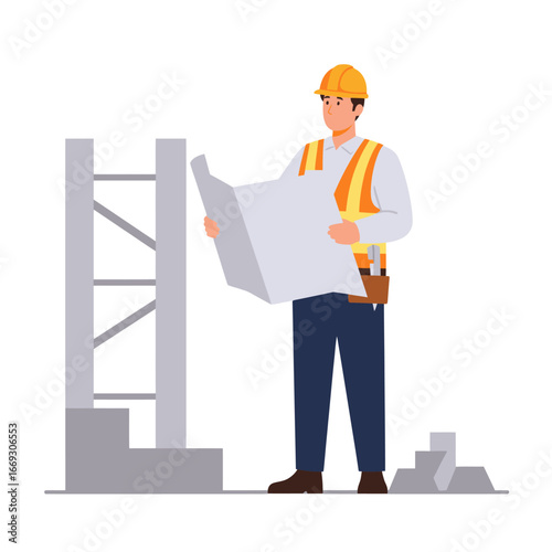 A diligent male construction worker in a safety vest and hard hat carefully reviews architectural blueprints on a building site, ensuring project accuracy.