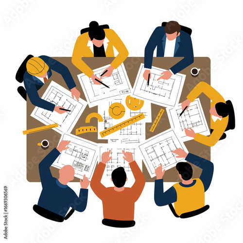 A diverse team of architects and engineers collaborates diligently, meticulously reviewing detailed blueprints and construction plans around a large meeting table.