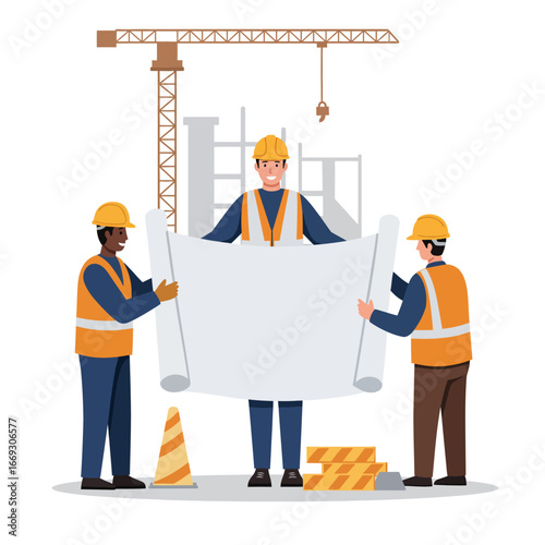 Three diverse construction workers in safety gear diligently review architectural blueprints on an active building site, symbolizing teamwork and project planning.